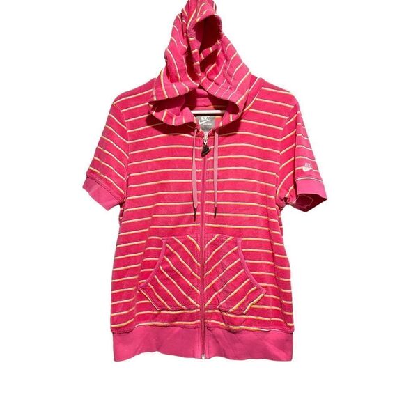 Nike Sportwear Pocket Full Zip Hooded Jacket PinK Large ( 12-14 ) Striped - Picture 1 of 7
